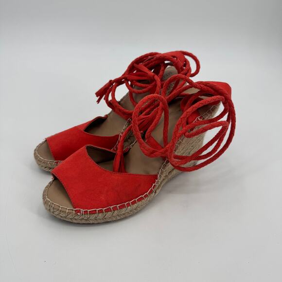 Merona Maren Lace Up Wedge Espadrille Strappy Wedge Heels Sandals Red Orange 9 - Picture 3 of 10